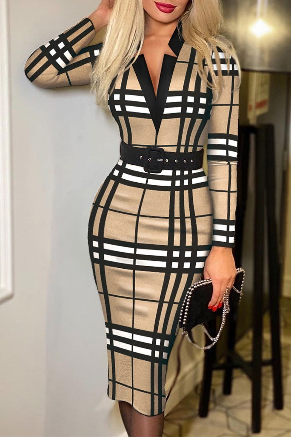 Elegant beige midi dress with check print and deep V neckline, featuring long sleeves and a fitted skirt, perfect for various occasions.