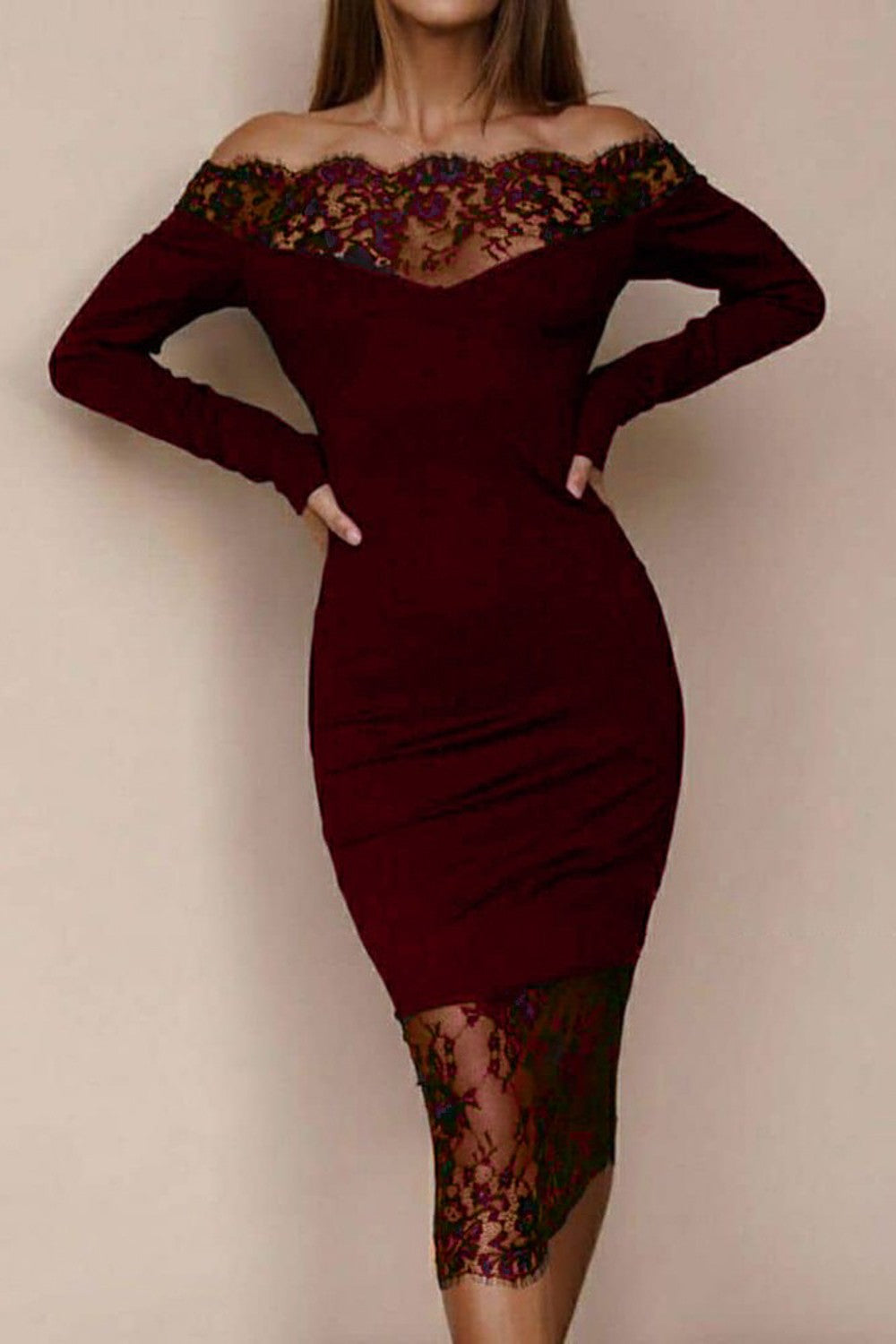 Elegant midi dress featuring long sleeves and translucent lace detail, perfect for formal and casual occasions.