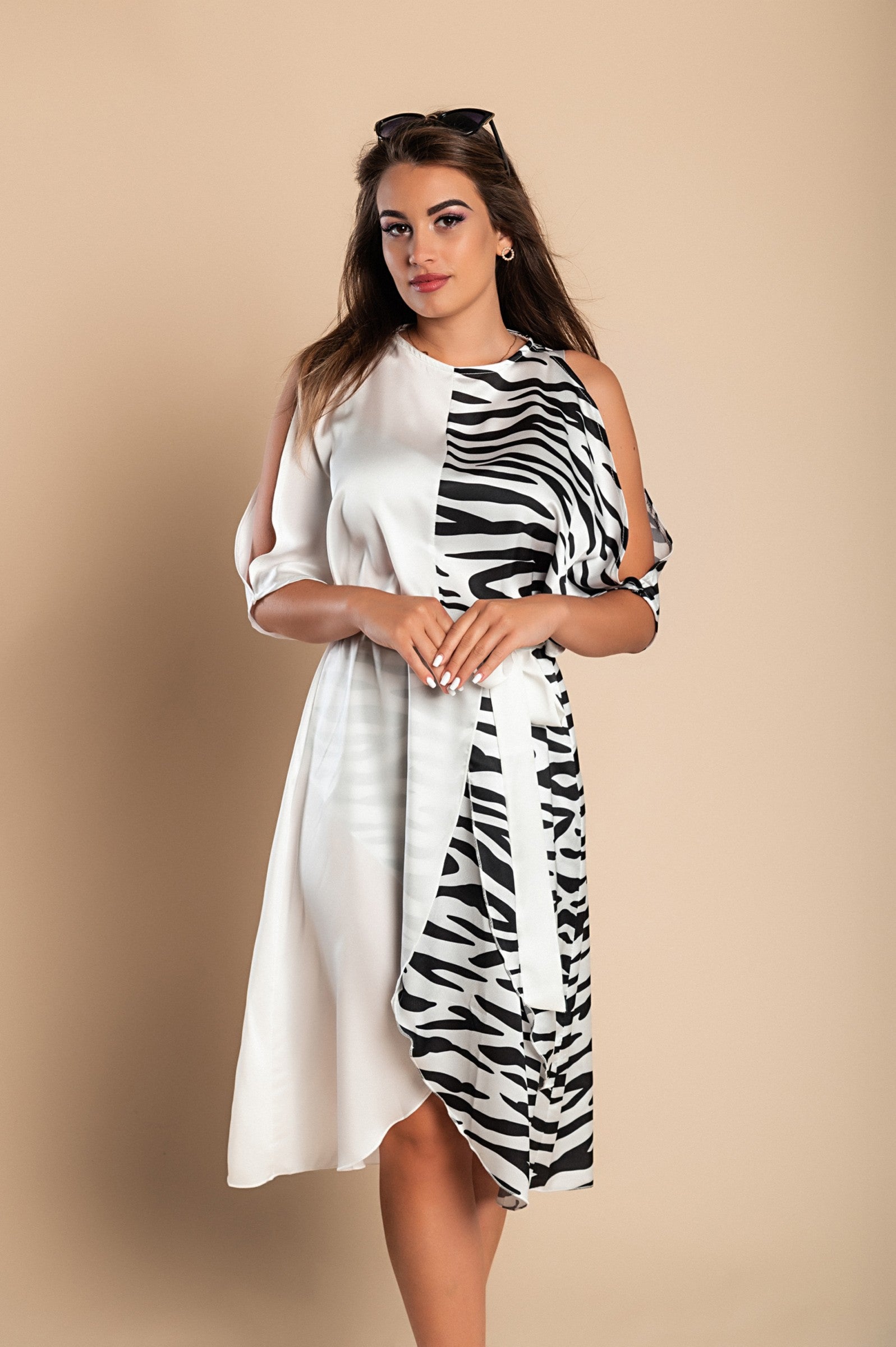 Elegant white midi dress with necklines and print, featuring short sleeves with shoulder slits and a wrap skirt, made of high-quality faux satin.