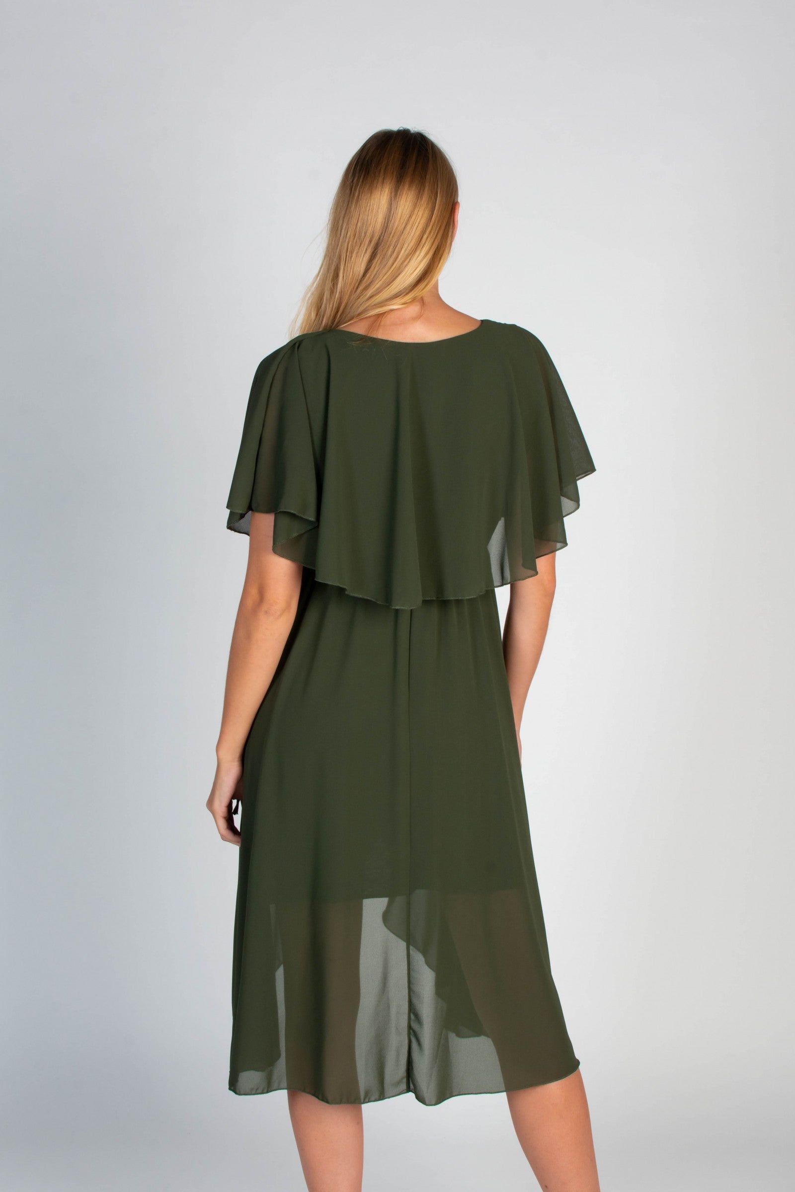 Elegant olive midi dress featuring a deep V-neckline, ruffle detail, and an asymmetric wrap skirt, designed for comfort and style.