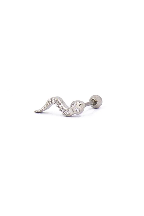 Elegant mini earring in silver color shaped like a small snake, embellished with rhinestones, showcasing its unique design.