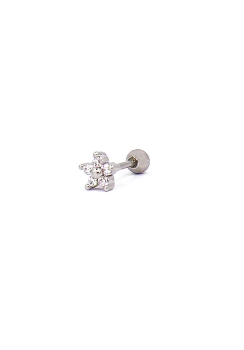 Elegant mini flower-shaped earring in silver color with rhinestones, showcasing intricate design and sparkling details.