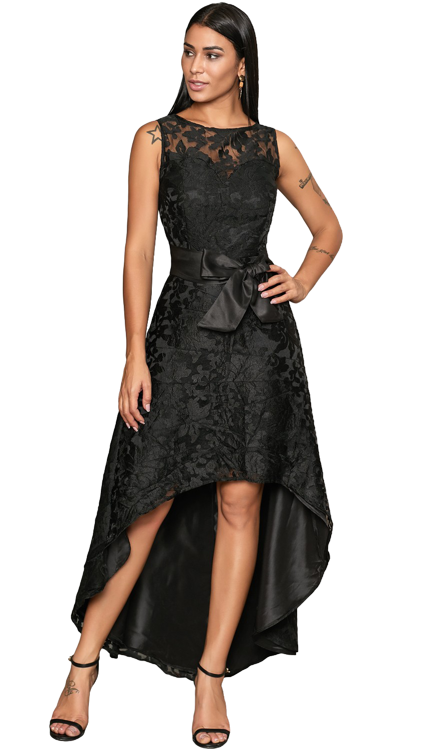 Elegant black mini sleeveless dress featuring beautiful lace Suzan, decorative belt, and hidden zipper closure.