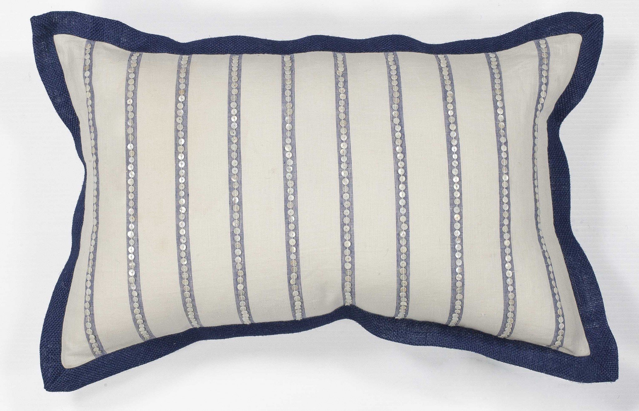 Elegant Nautical Sequin Stripes Lumbar Accent Pillow featuring ivory fabric, sequin stripes, and navy trim.