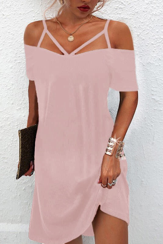 Elegant pink off-shoulder strappy mini dress Cecina with short sleeves and loose skirt, perfect for various occasions.