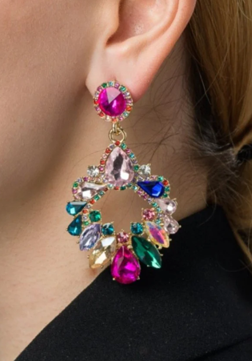 Elegant multicolor rhinestone chandelier earrings in a circle shape, crafted from 100% metal alloy, perfect for enhancing any outfit.