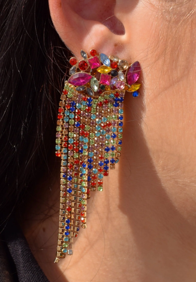 Elegant multicolor rhinestone chandelier earrings showcasing a stunning design with sparkling details.