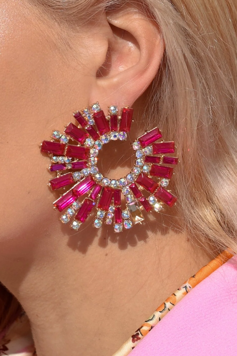 Elegant round shape fuchsia earrings with rhinestone diamonds, showcasing a vibrant design perfect for any occasion.
