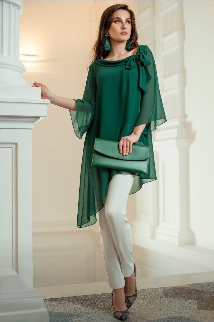 Elegant dark green semi-transparent tunic Ginette with loose 3/4 sleeves and a bow tie neckline, perfect for stylish outfits.