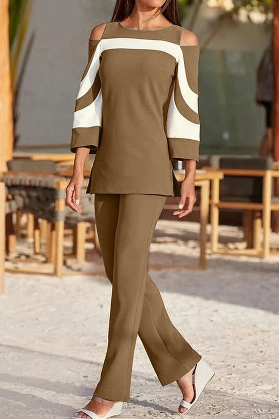 Elegant camel top and pants set featuring a round neckline and 3/4 bell sleeves, made from soft fabric.