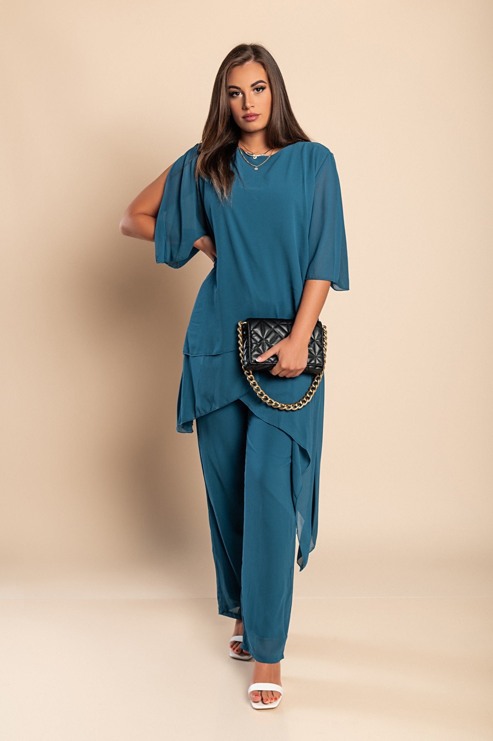 Elegant sheer tunic and long pant set in petrol color, featuring a loose fit and round neckline, made from high-quality fabric.