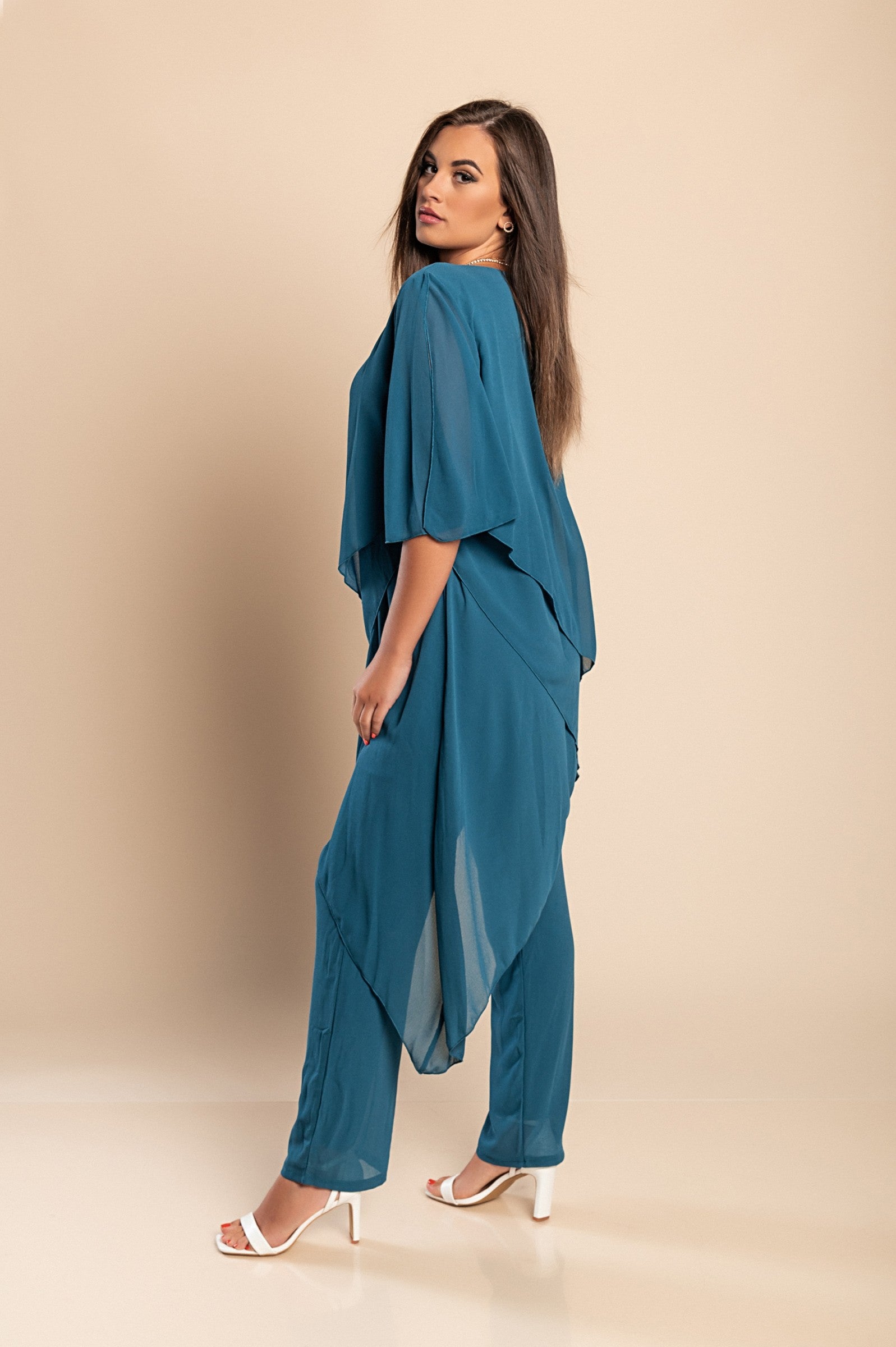 Elegant sheer tunic and long pant set in petrol color, featuring a loose fit and round neckline, made from high-quality fabric.