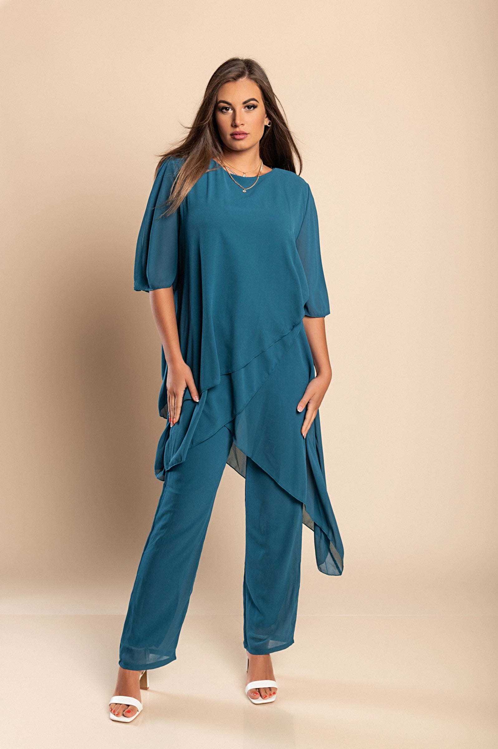 Elegant sheer tunic and long pant set in petrol color, featuring a loose fit and round neckline, made from high-quality fabric.