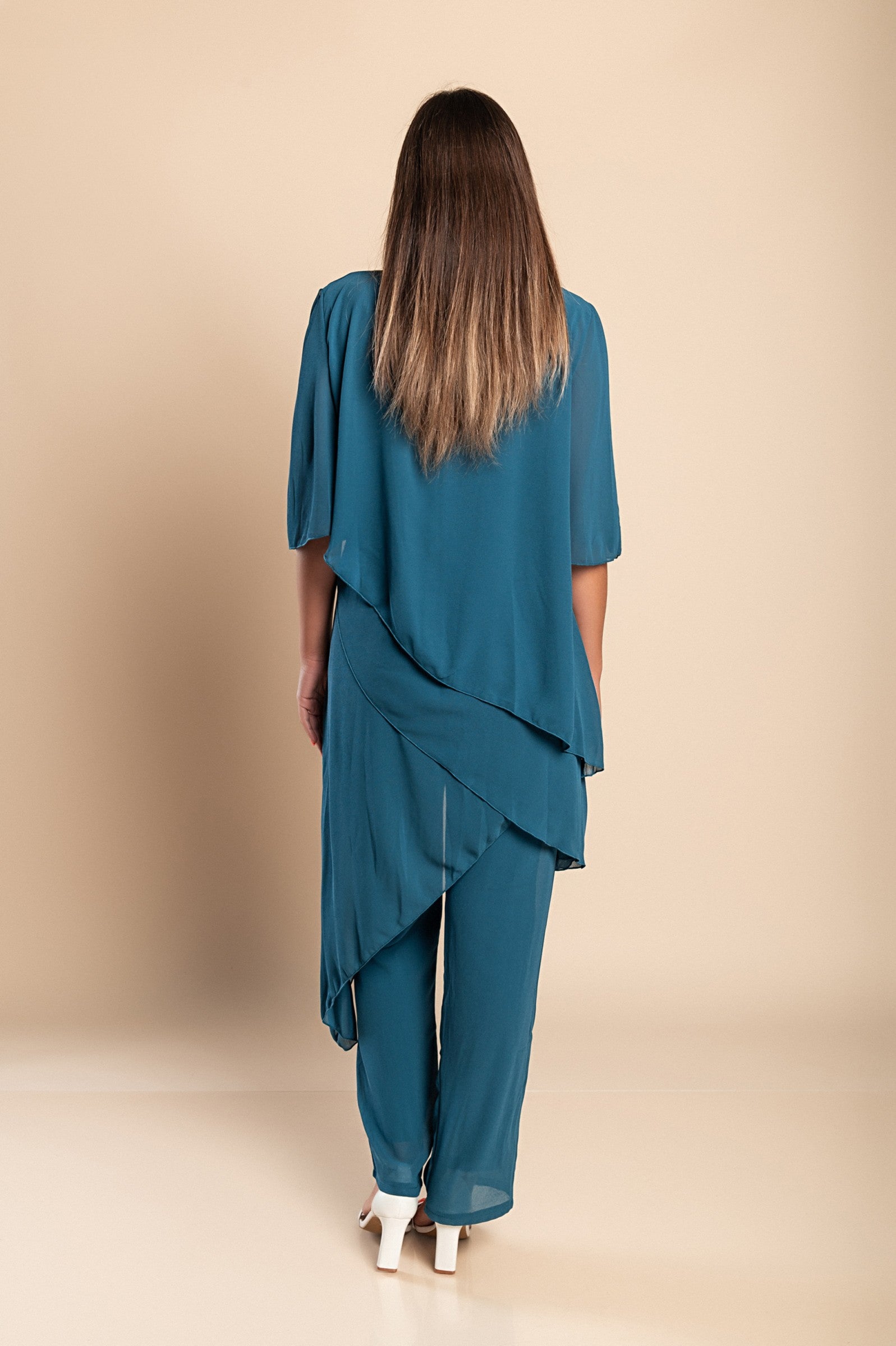 Elegant sheer tunic and long pant set in petrol color, featuring a loose fit and round neckline, made from high-quality fabric.