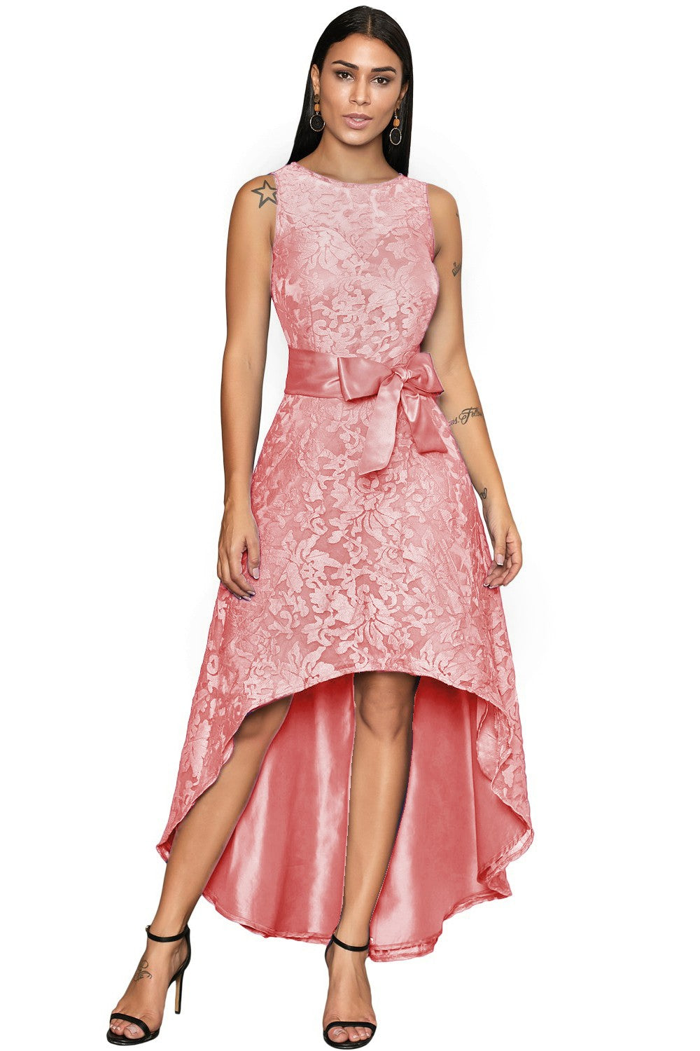 Elegant pink sleeveless mini dress featuring a beautiful lace neckline and decorative belt, perfect for various occasions.