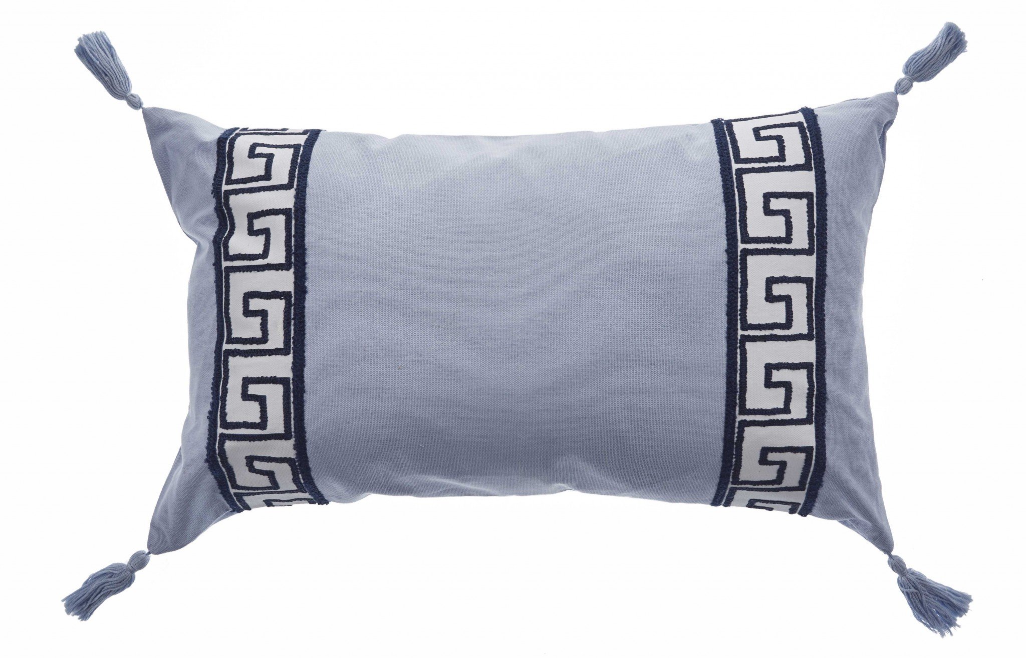 Elegant Smoke Gray Greek Key Lumbar Accent Pillow with tassels, showcasing intricate embroidery and a contemporary design.
