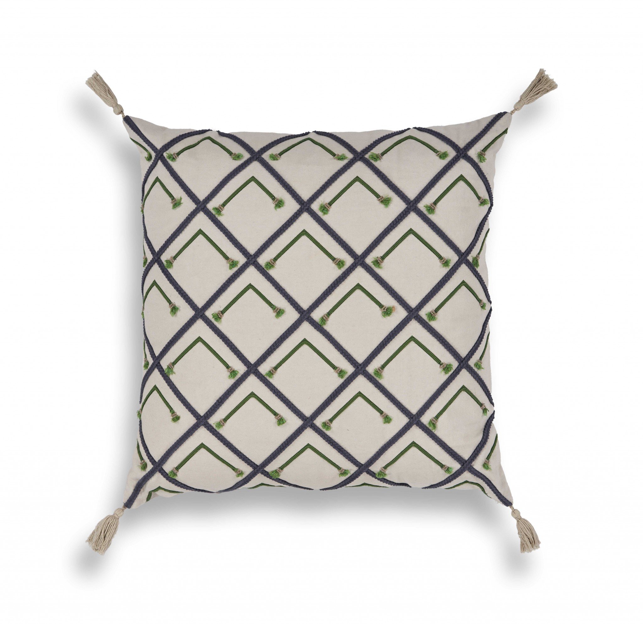 Elegant square pillow featuring blue and green beaded accents, hand-made with cotton and embroidered details, perfect for contemporary home decor.