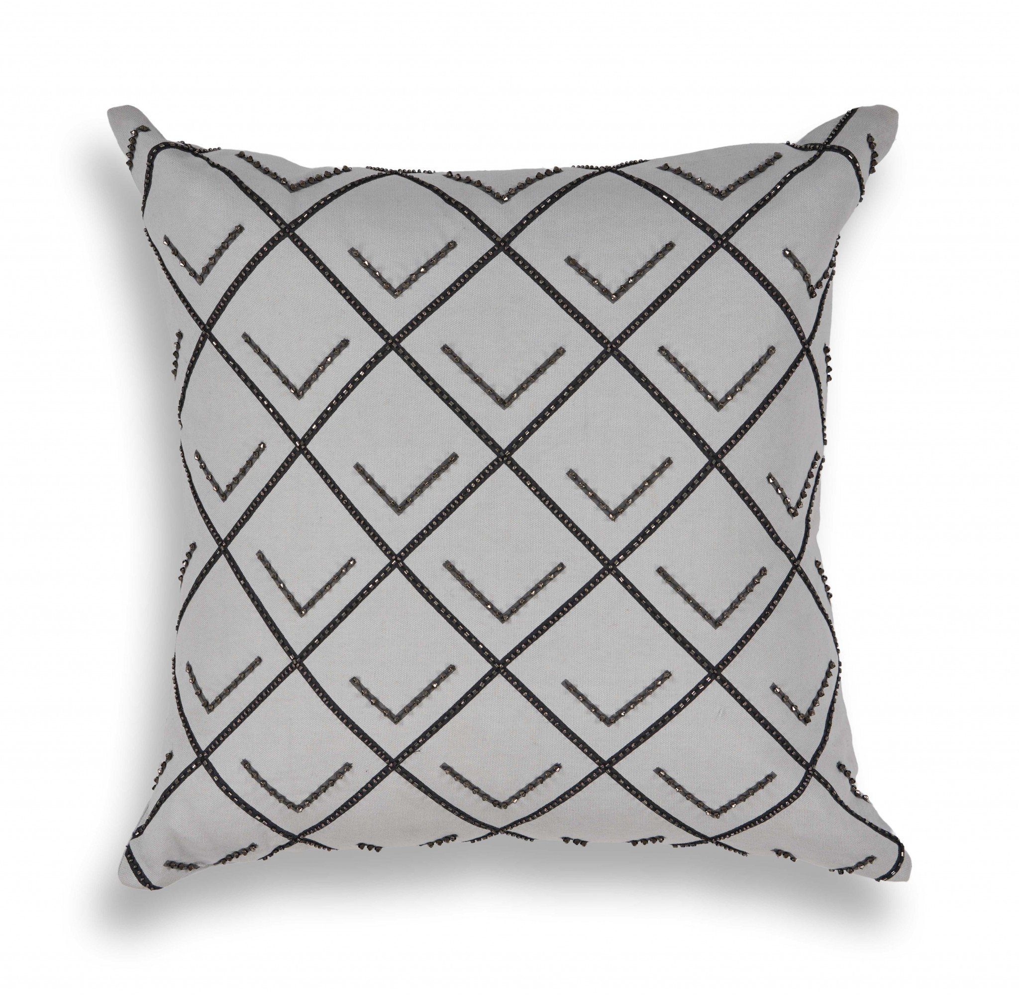 Elegant square pillow featuring gray and black beaded accents, handmade with cotton and embroidery detail.
