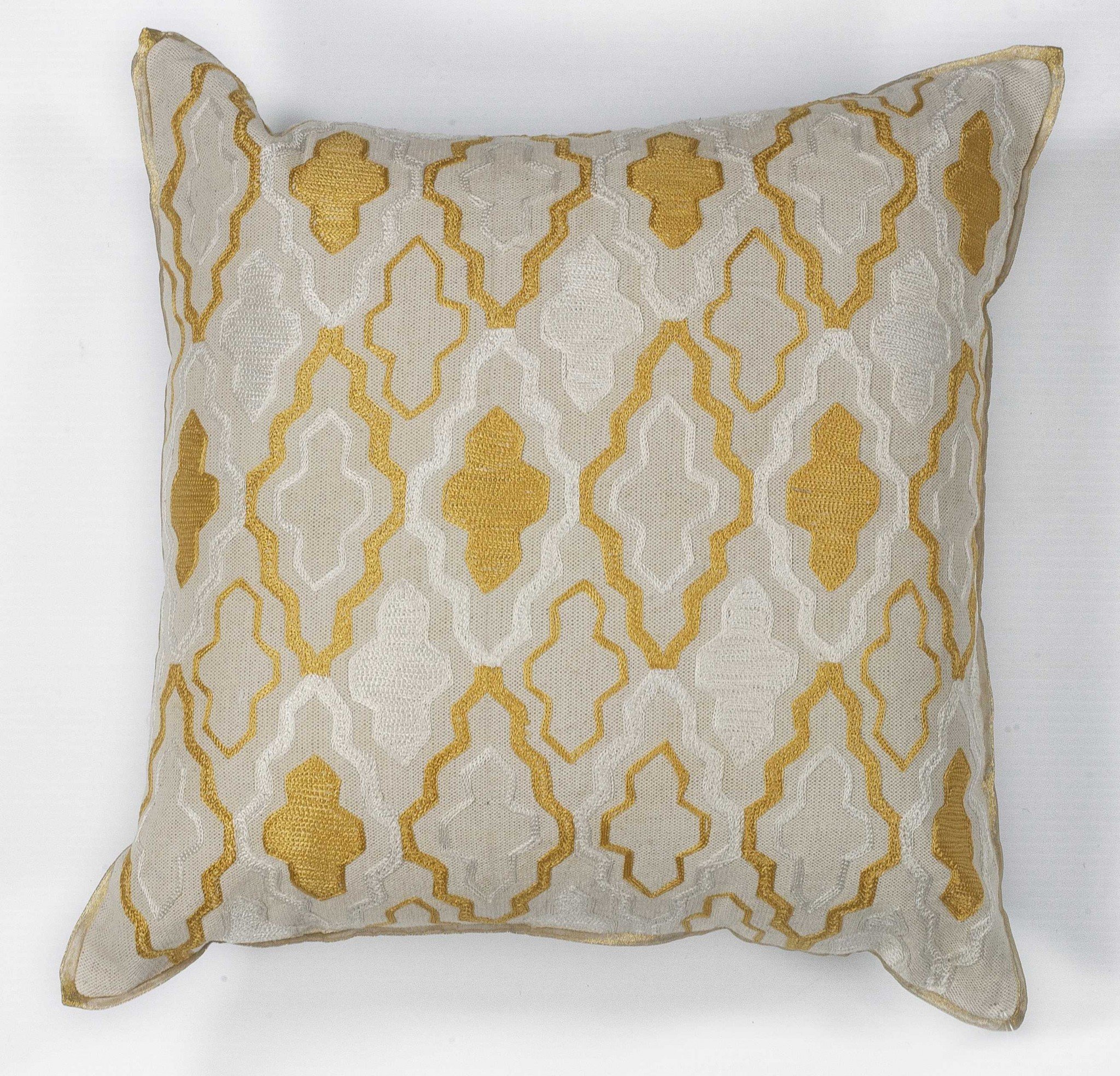 Elegant square pillow in ivory and yellow gold with embroidered front and hidden zipper closure, perfect for home decor.