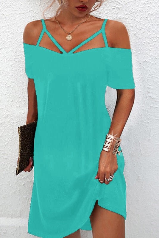 Elegant Mint Strappy Cold Shoulder Mini Dress with short sleeves and loose skirt, perfect for casual or formal occasions.
