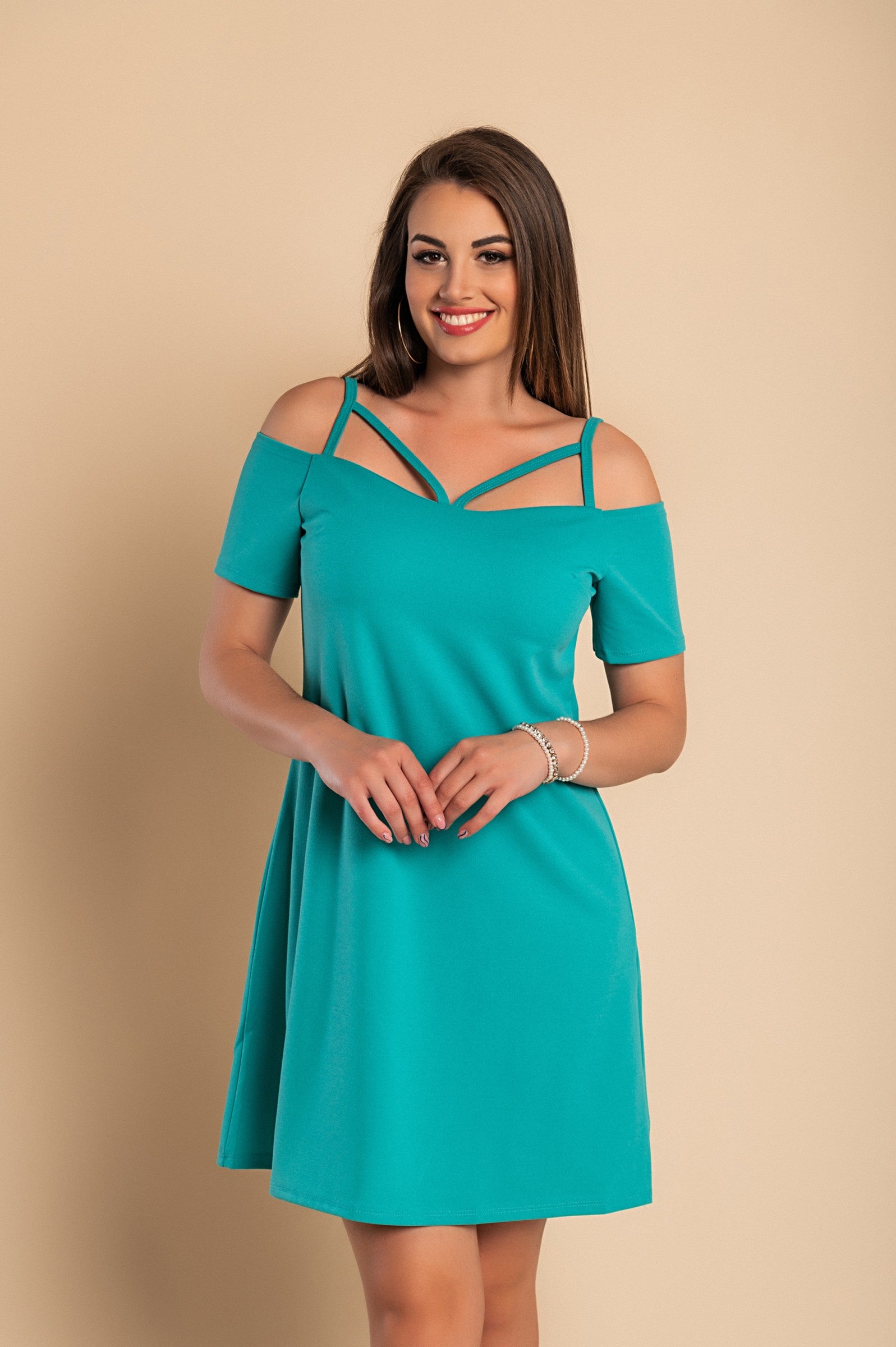 Elegant Mint Strappy Cold Shoulder Mini Dress with short sleeves and loose skirt, perfect for casual or formal occasions.