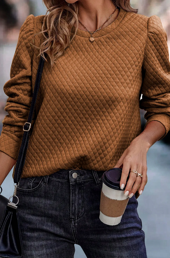 Elegant brown top featuring quilted detail, round neck, and long sleeves, made from high-quality fabric.