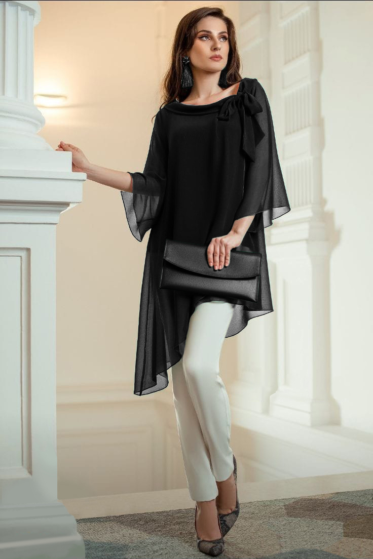 Elegant black translucent tunic Ginette with round collar and bow tie, featuring 3/4 length loose sleeves.