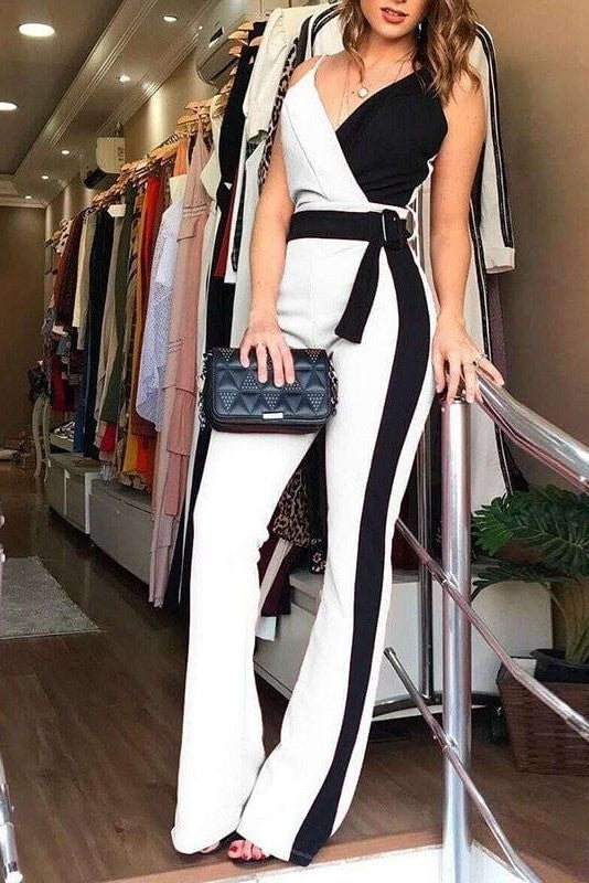 Elegant two-tone jumpsuit Oliveta in black and white, featuring a V-neckline, thin straps, and wide long pants, perfect for various occasions.