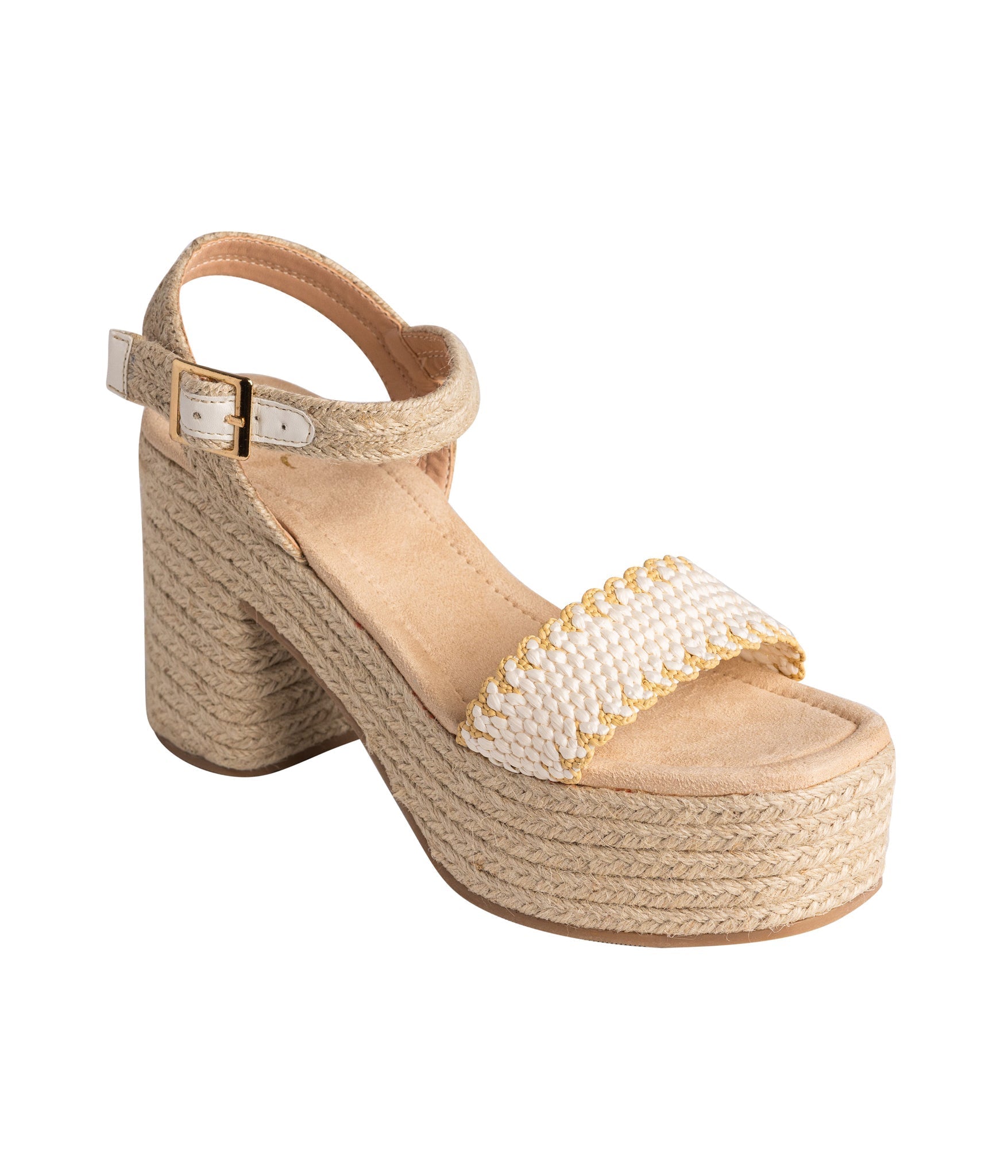 Elise Wedge in Off White featuring a single toe strap and adjustable ankle strap, showcasing a stylish design with a padded footbed.