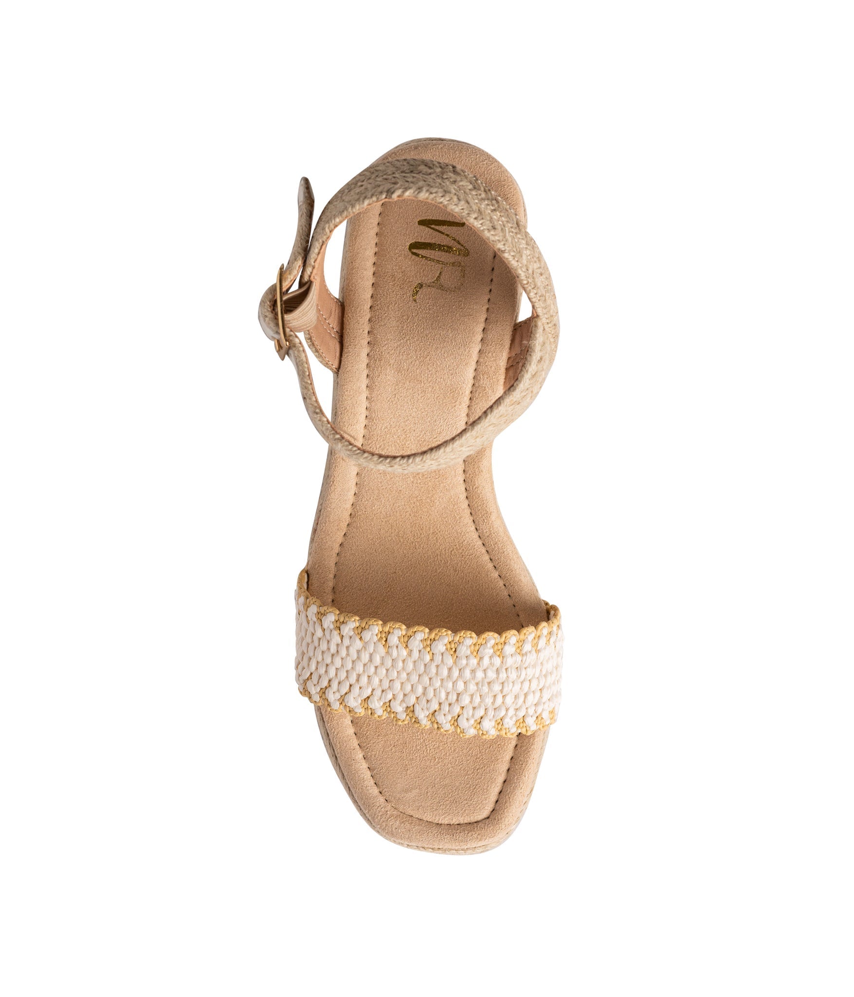 Elise Wedge in Off White featuring a single toe strap and adjustable ankle strap, showcasing a stylish design with a padded footbed.