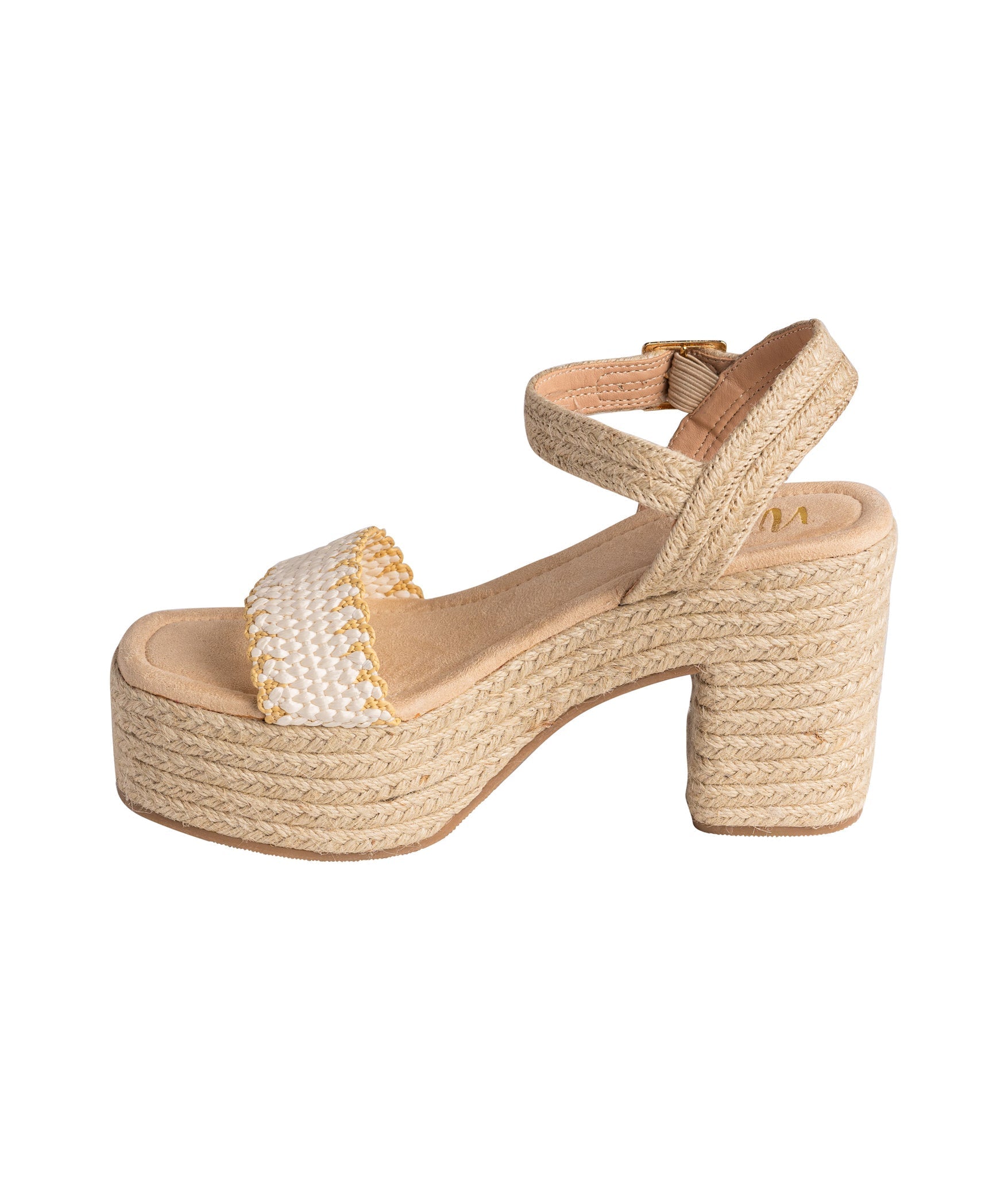 Elise Wedge in Off White featuring a single toe strap and adjustable ankle strap, showcasing a stylish design with a padded footbed.