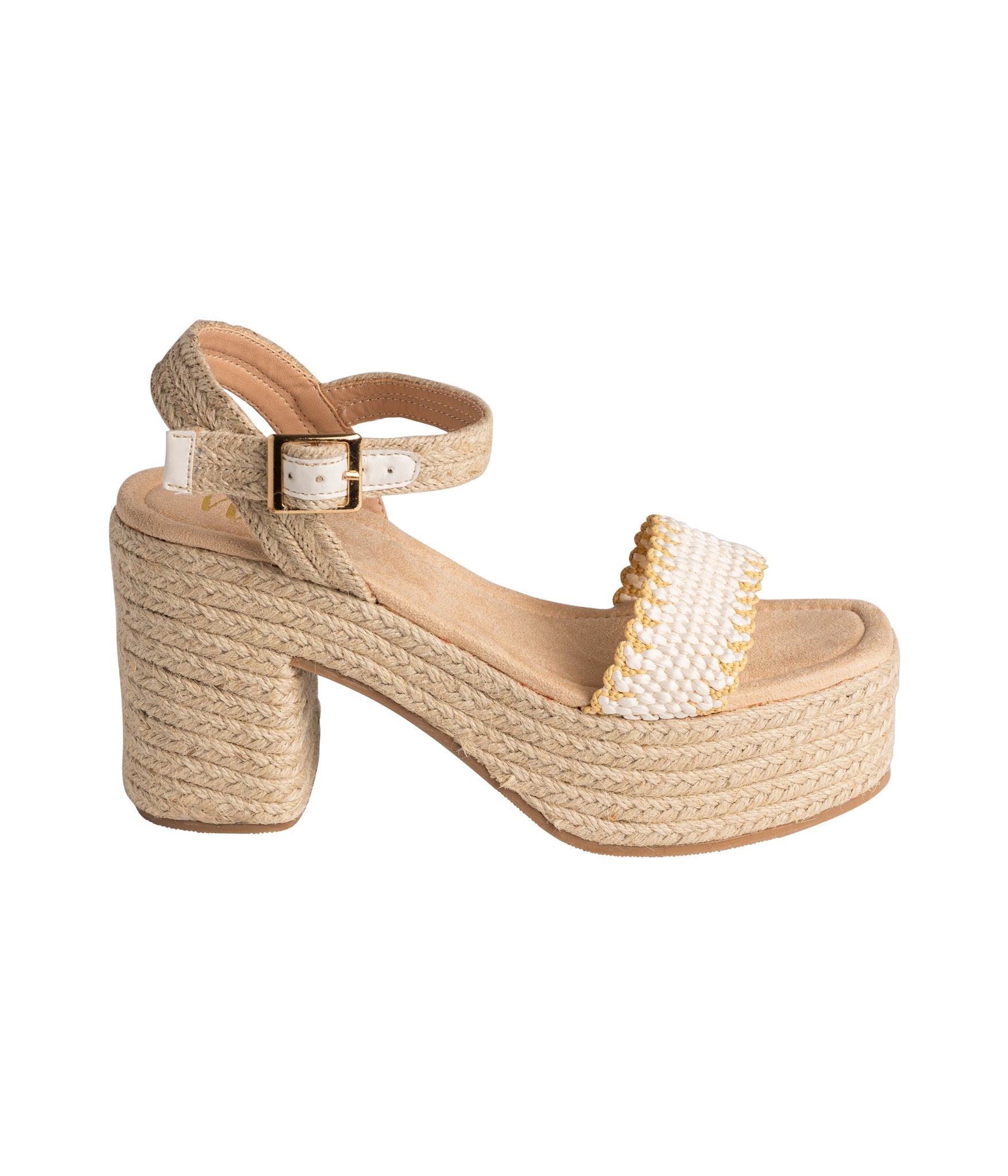 Elise Wedge in Off White featuring a single toe strap and adjustable ankle strap, showcasing a stylish design with a padded footbed.