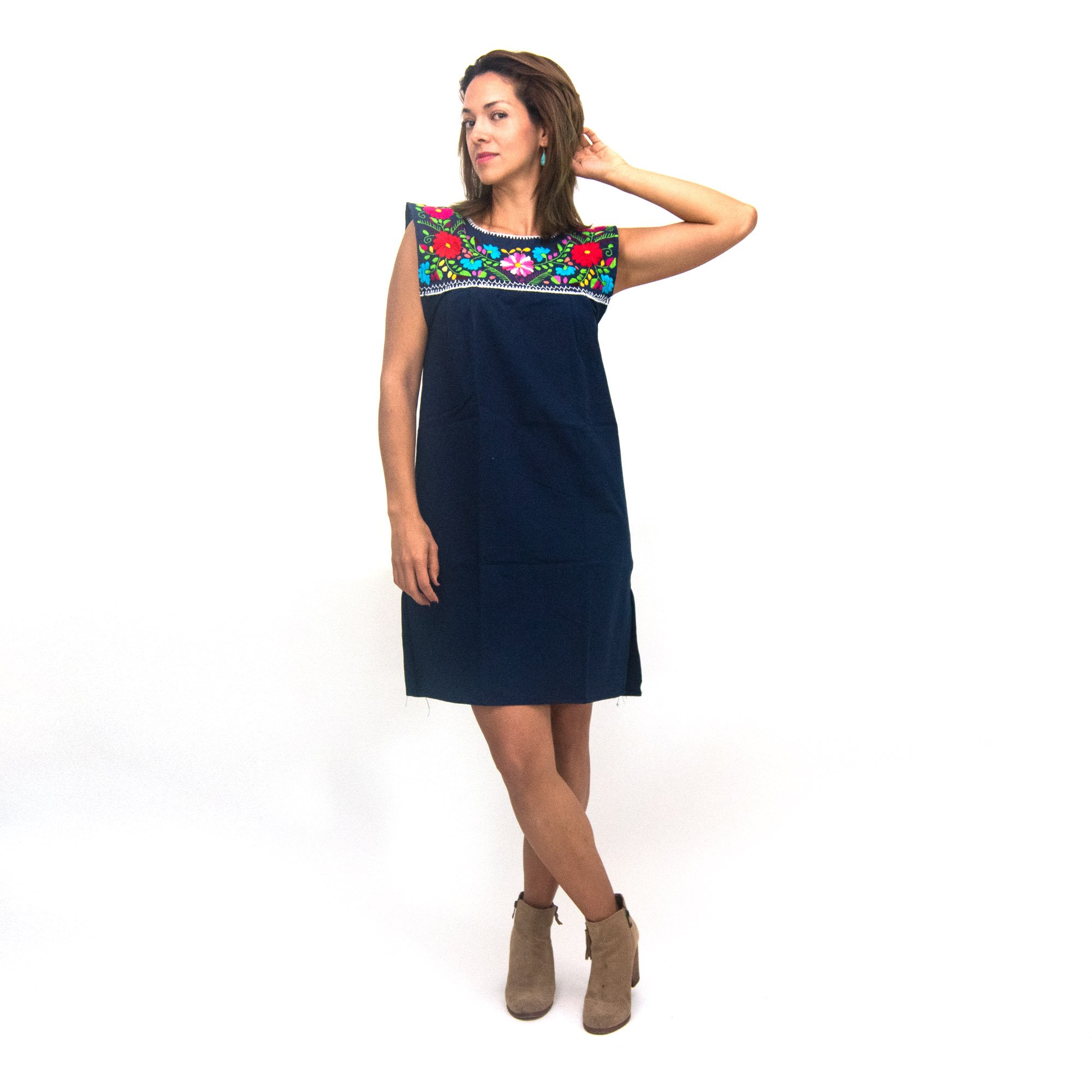 Elvira Hand Embroidered Mexican Loose Dress featuring multicolor floral embroidery on a navy blue cotton fabric, showcasing its unique craftsmanship.