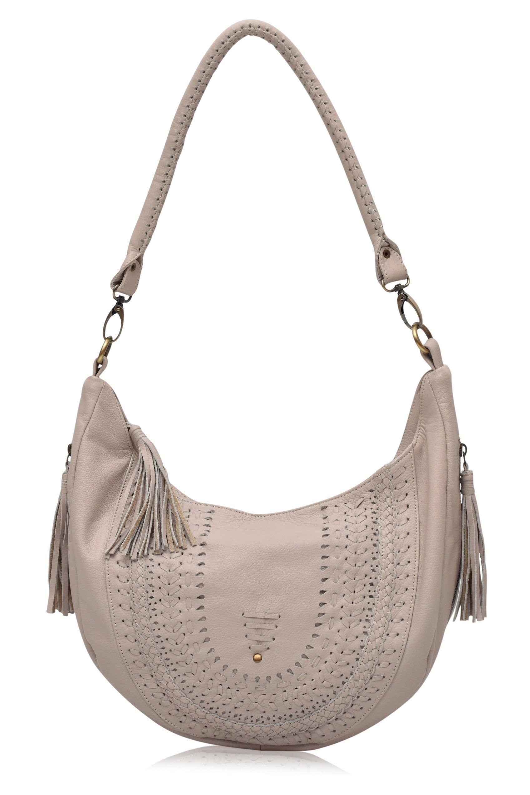 Elysian Coast Leather Crossbody Bag featuring braided design and detachable straps in various leather colors.