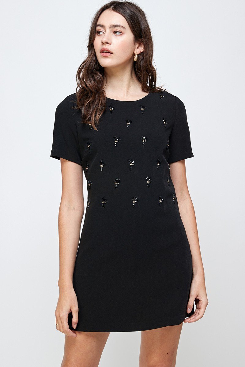 Embellished Short Sleeve Mini Dress with hand-beaded front detail, showcasing a stylish and elegant design.