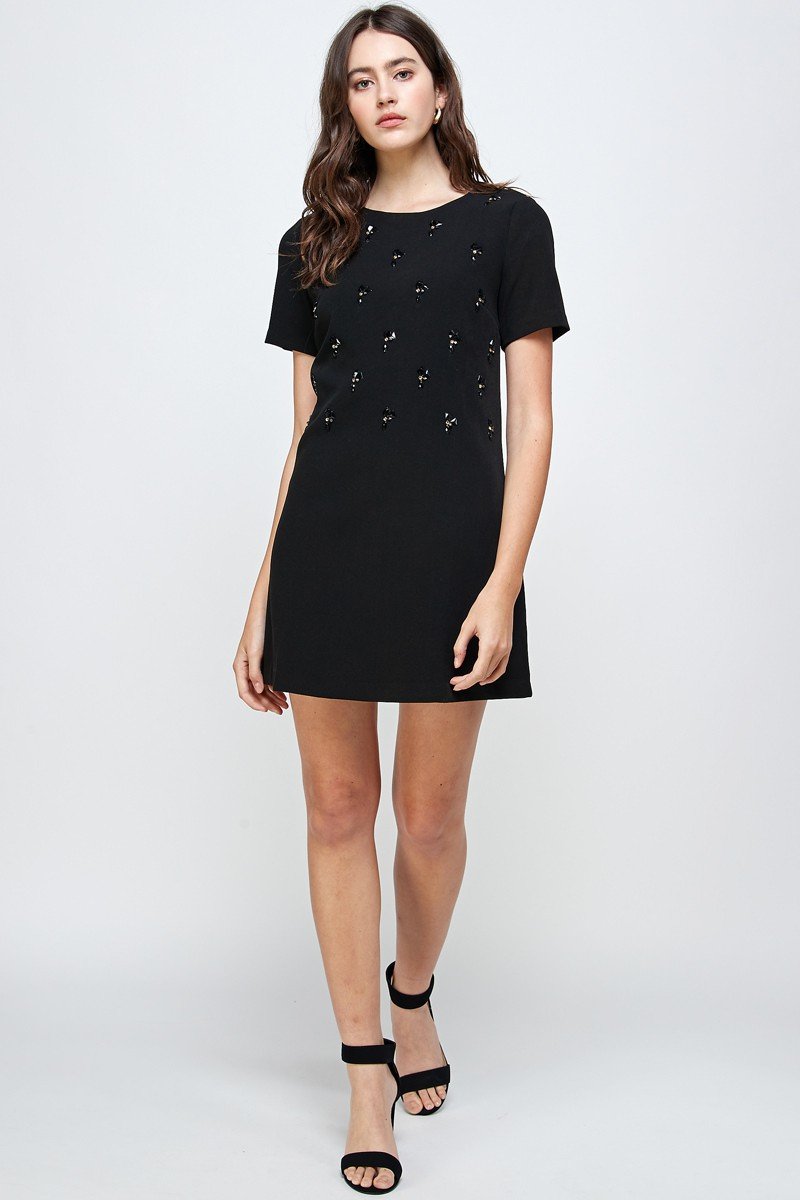 Embellished Short Sleeve Mini Dress with hand-beaded front detail, showcasing a stylish and elegant design.