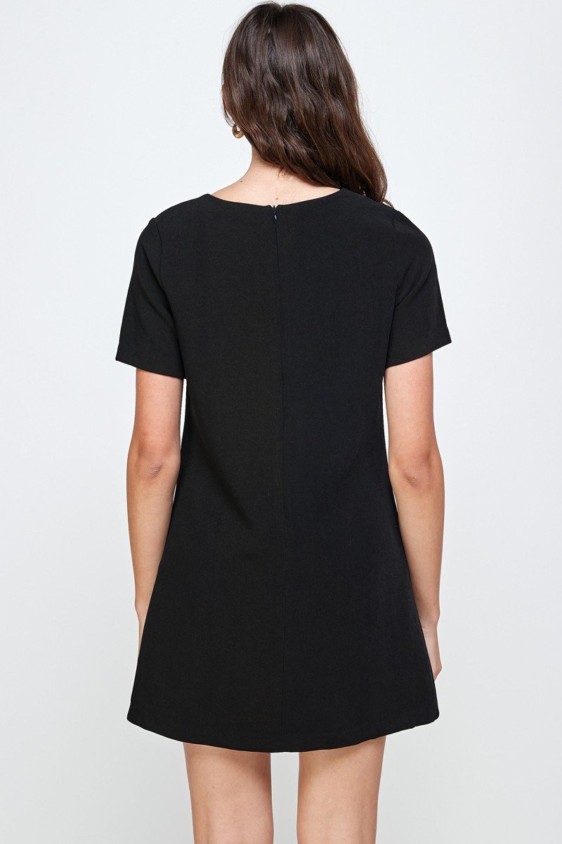 Embellished Short Sleeve Mini Dress with hand-beaded front detail, showcasing a stylish and elegant design.