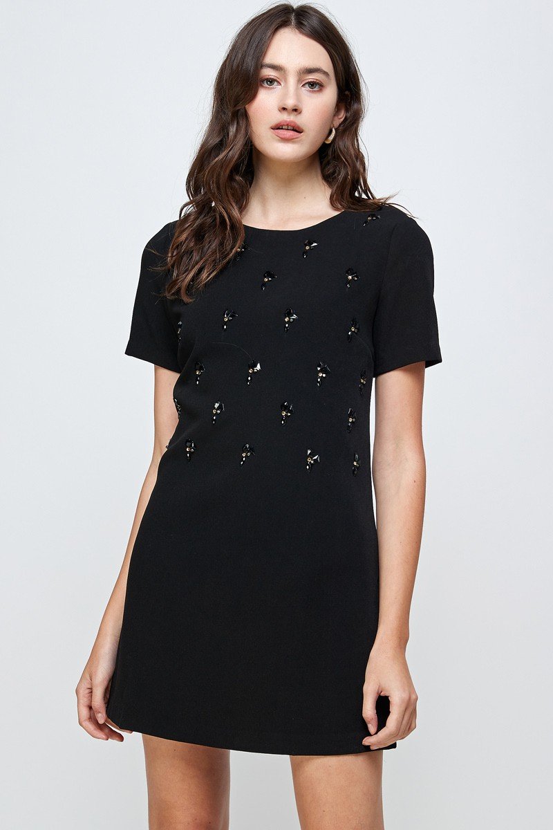 Embellished Short Sleeve Mini Dress with hand-beaded front detail, showcasing a stylish and elegant design.