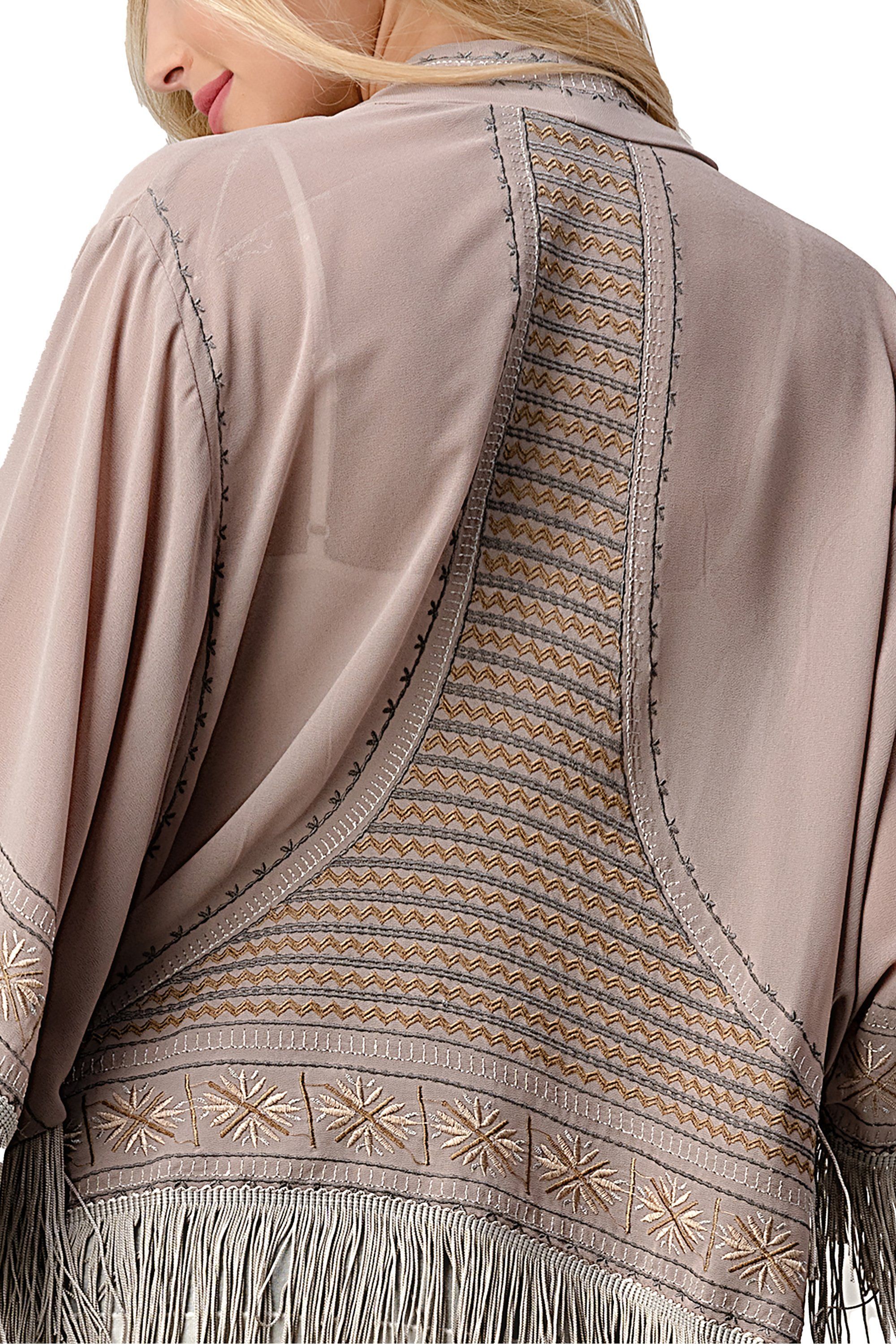 Embroidered Fringe Kimono in georgette fabric with tassel hem, showcasing intricate patterns and a bohemian style.