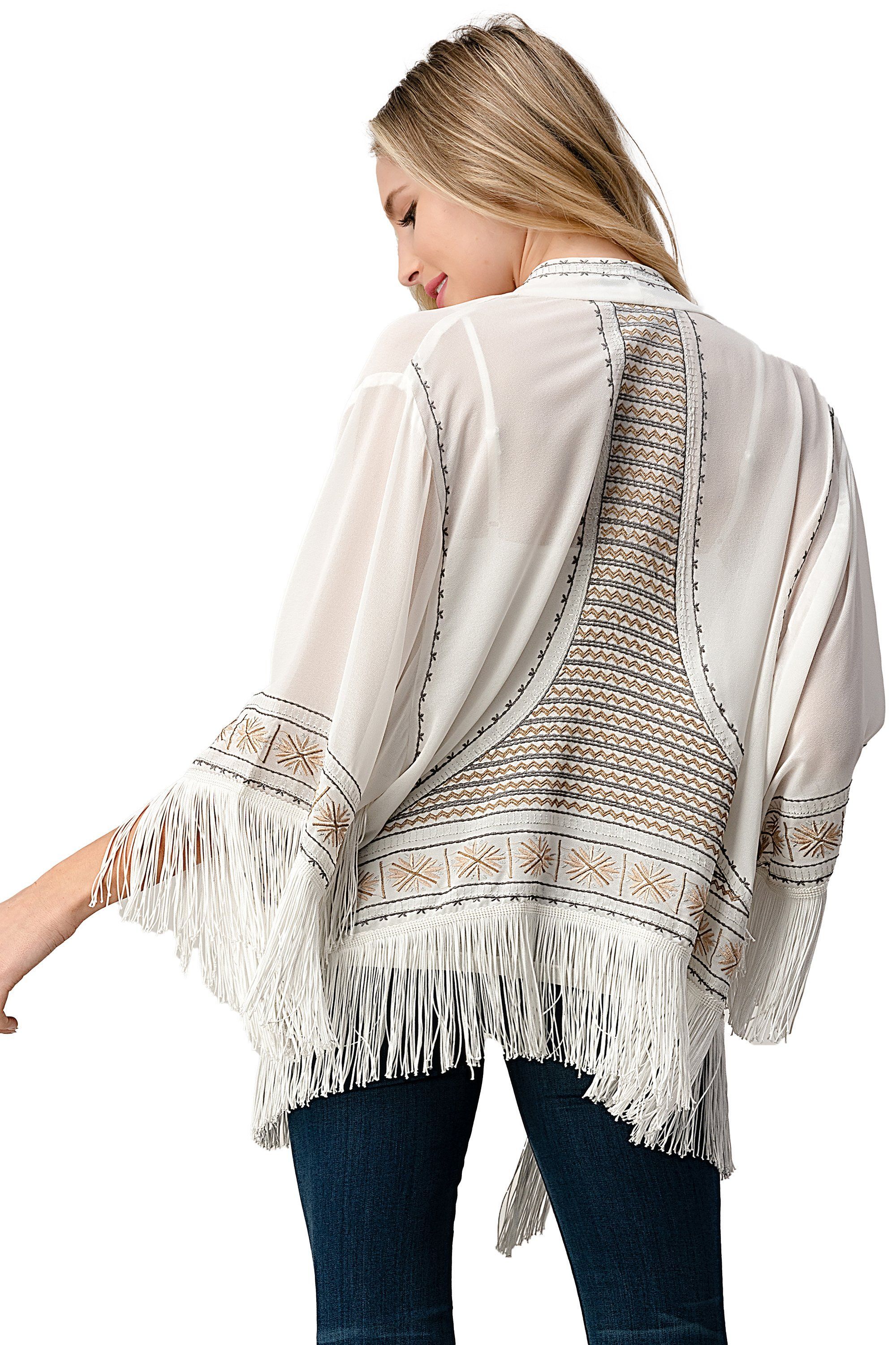 Embroidered Fringe Kimono in georgette fabric with tassel hem, showcasing intricate patterns and a bohemian style.