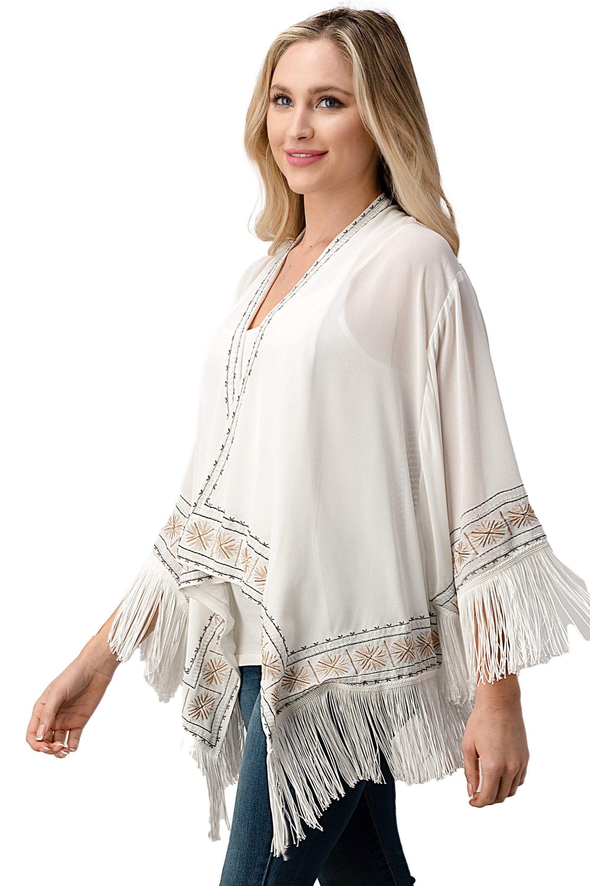 Embroidered Fringe Kimono in georgette fabric with tassel hem, showcasing intricate patterns and a bohemian style.