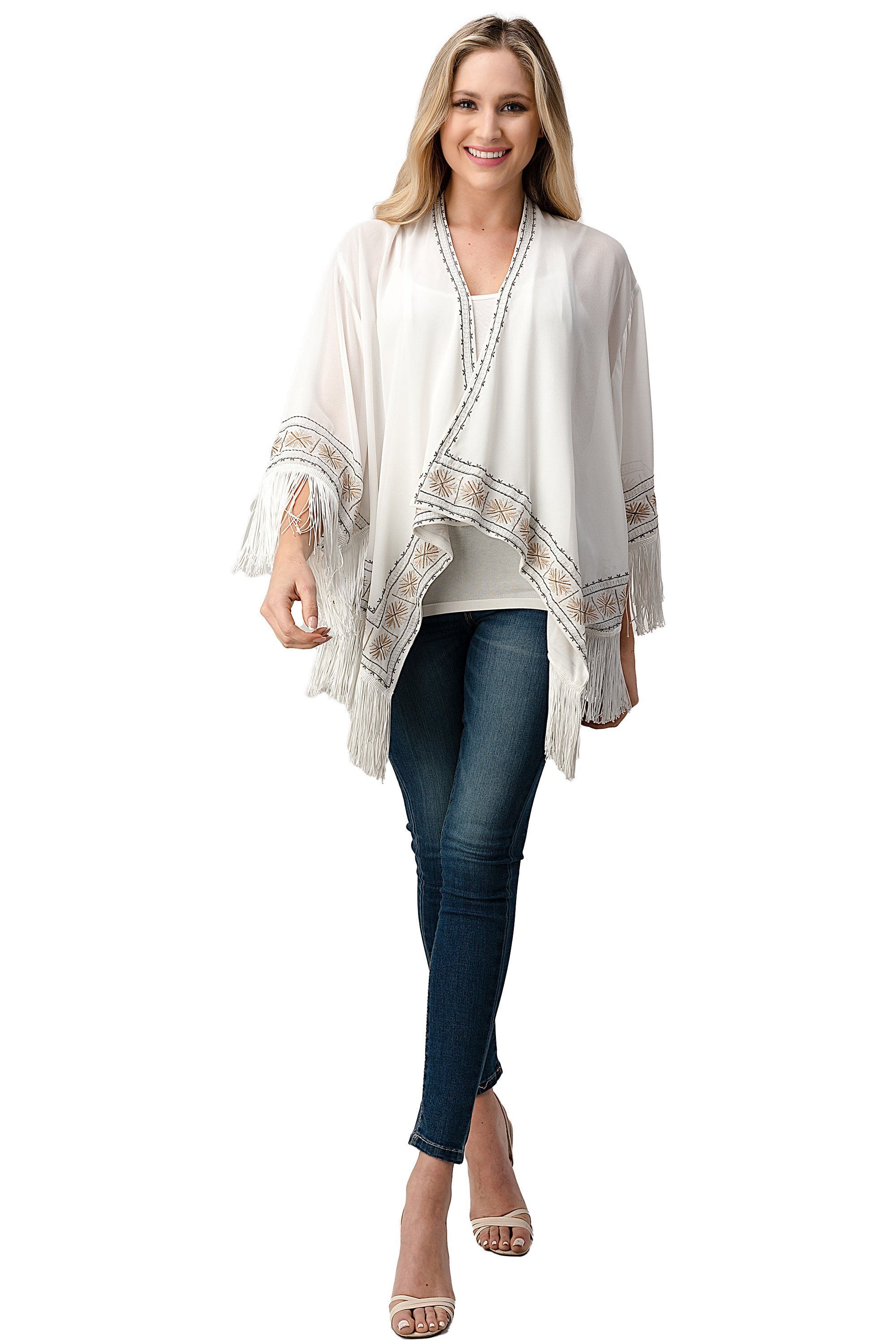 Embroidered Fringe Kimono in georgette fabric with tassel hem, showcasing intricate patterns and a bohemian style.