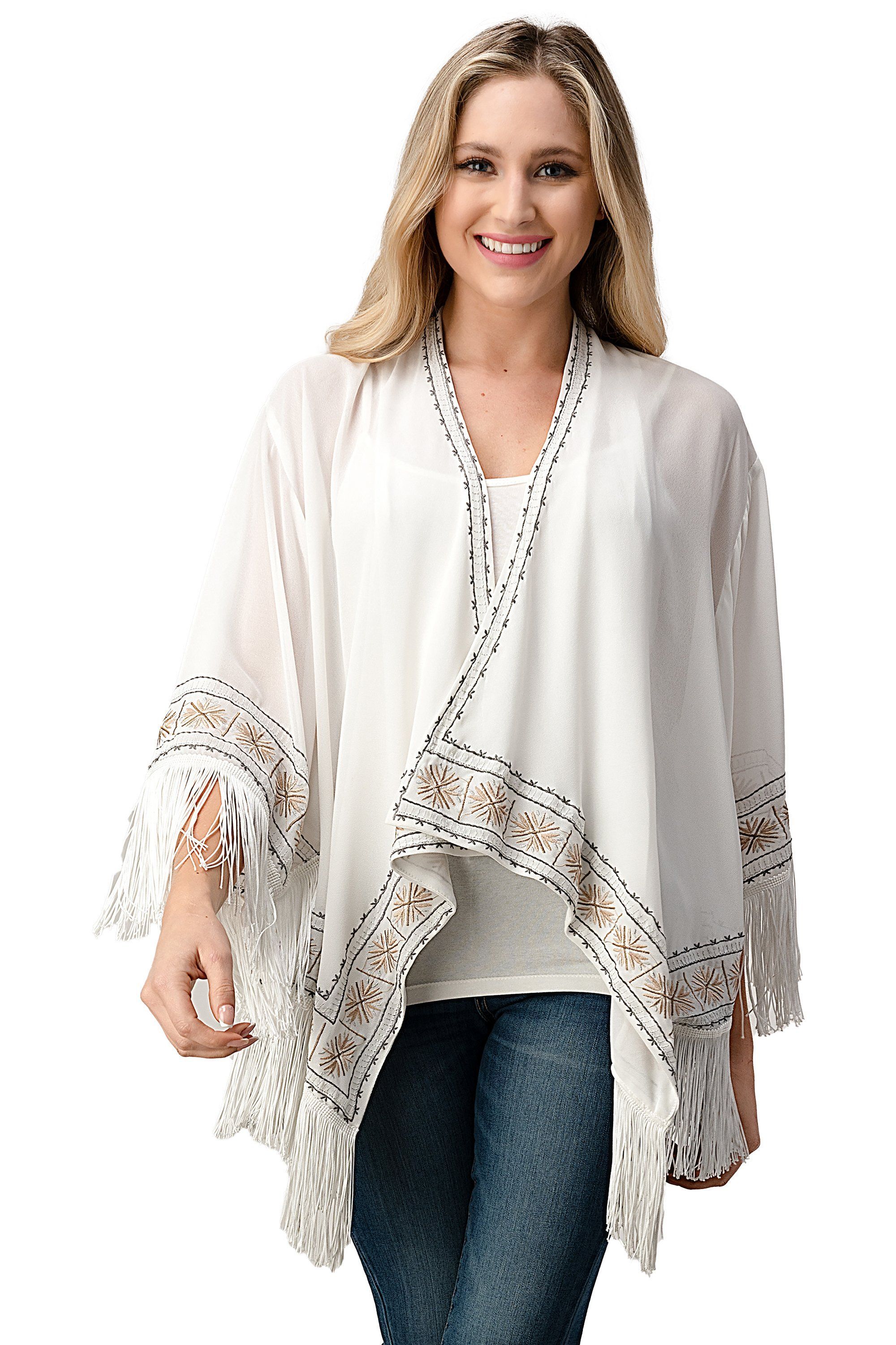 Embroidered Fringe Kimono in georgette fabric with tassel hem, showcasing intricate patterns and a bohemian style.