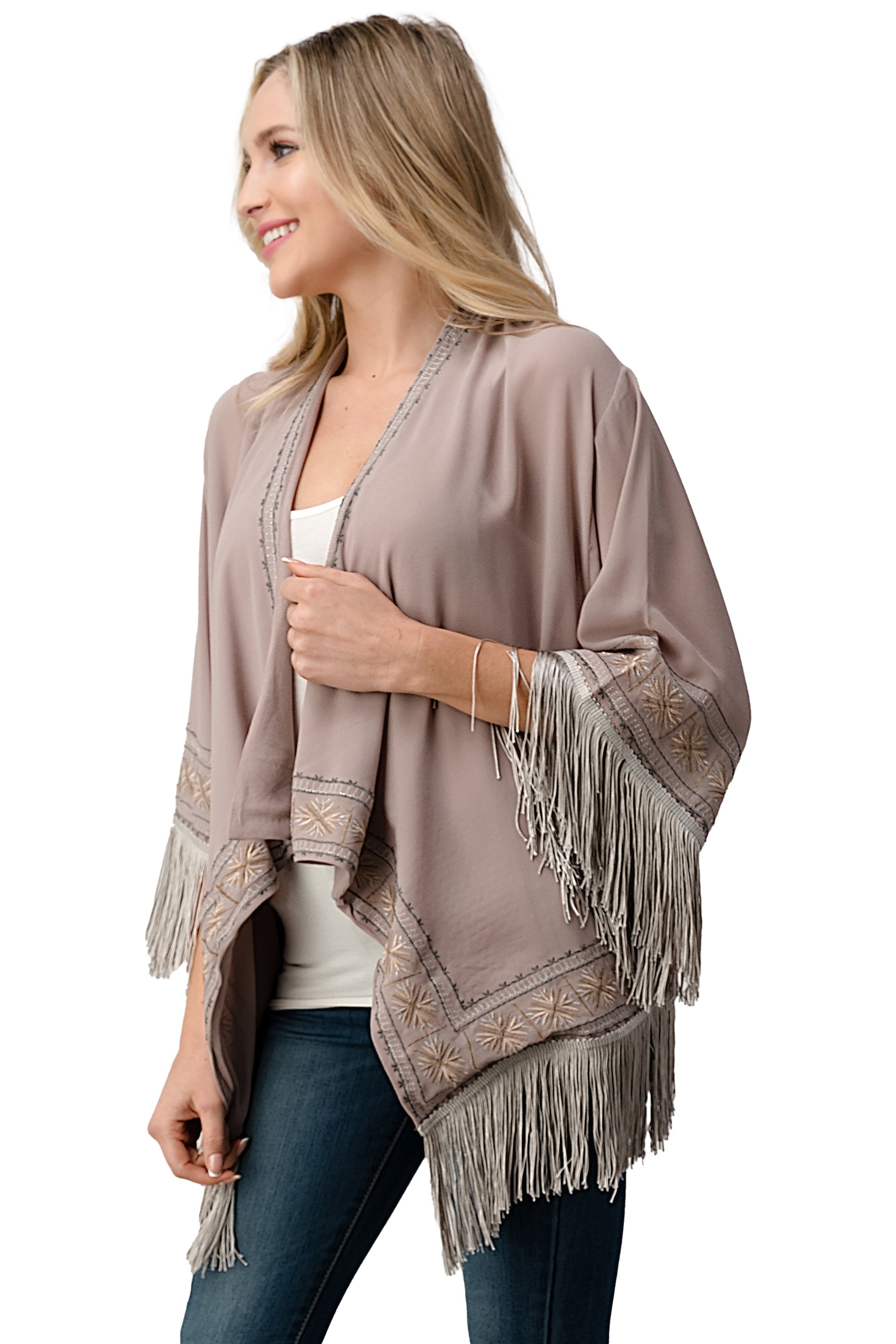Embroidered Fringe Kimono in georgette fabric with tassel hem, showcasing intricate patterns and a bohemian style.