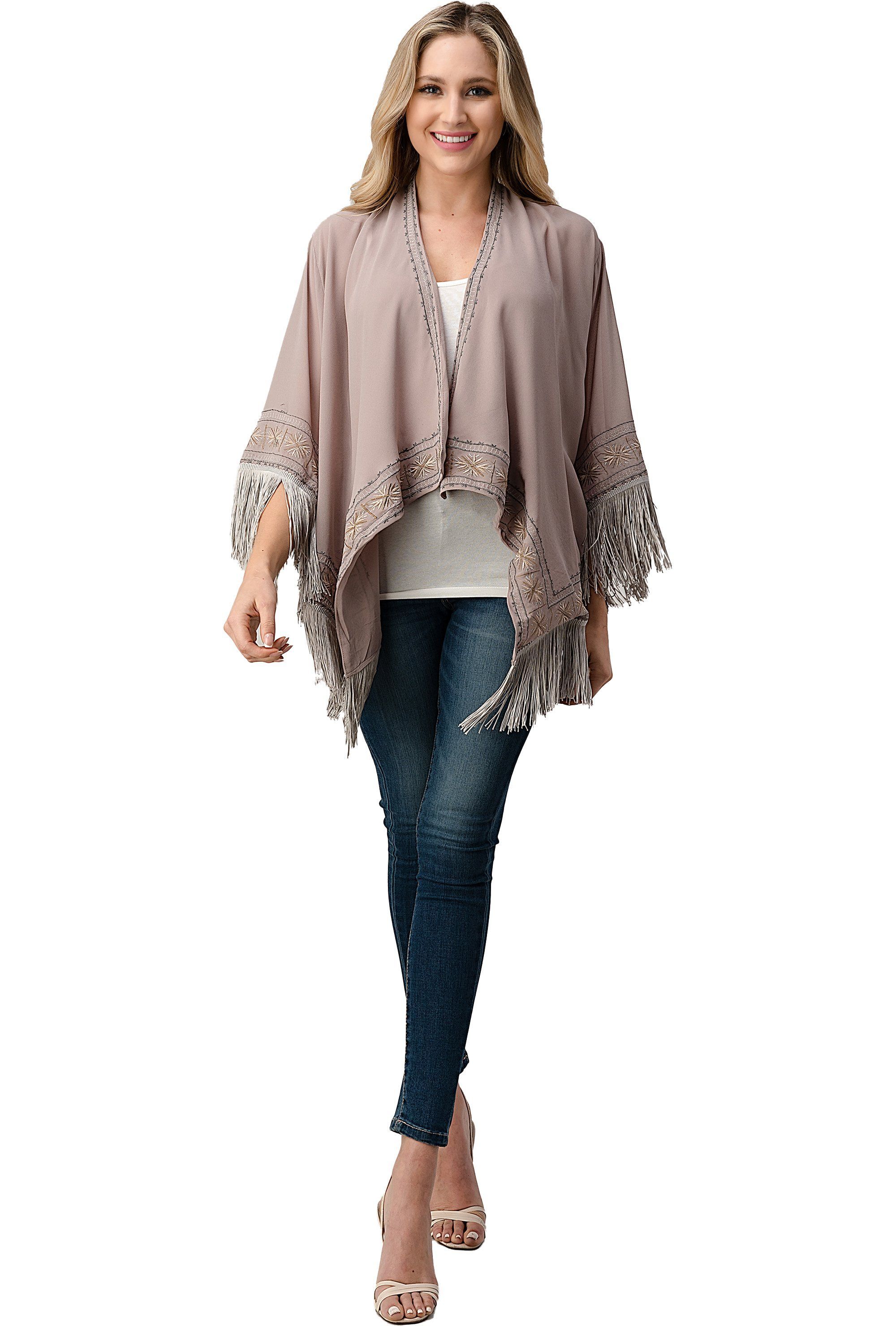 Embroidered Fringe Kimono in georgette fabric with tassel hem, showcasing intricate patterns and a bohemian style.
