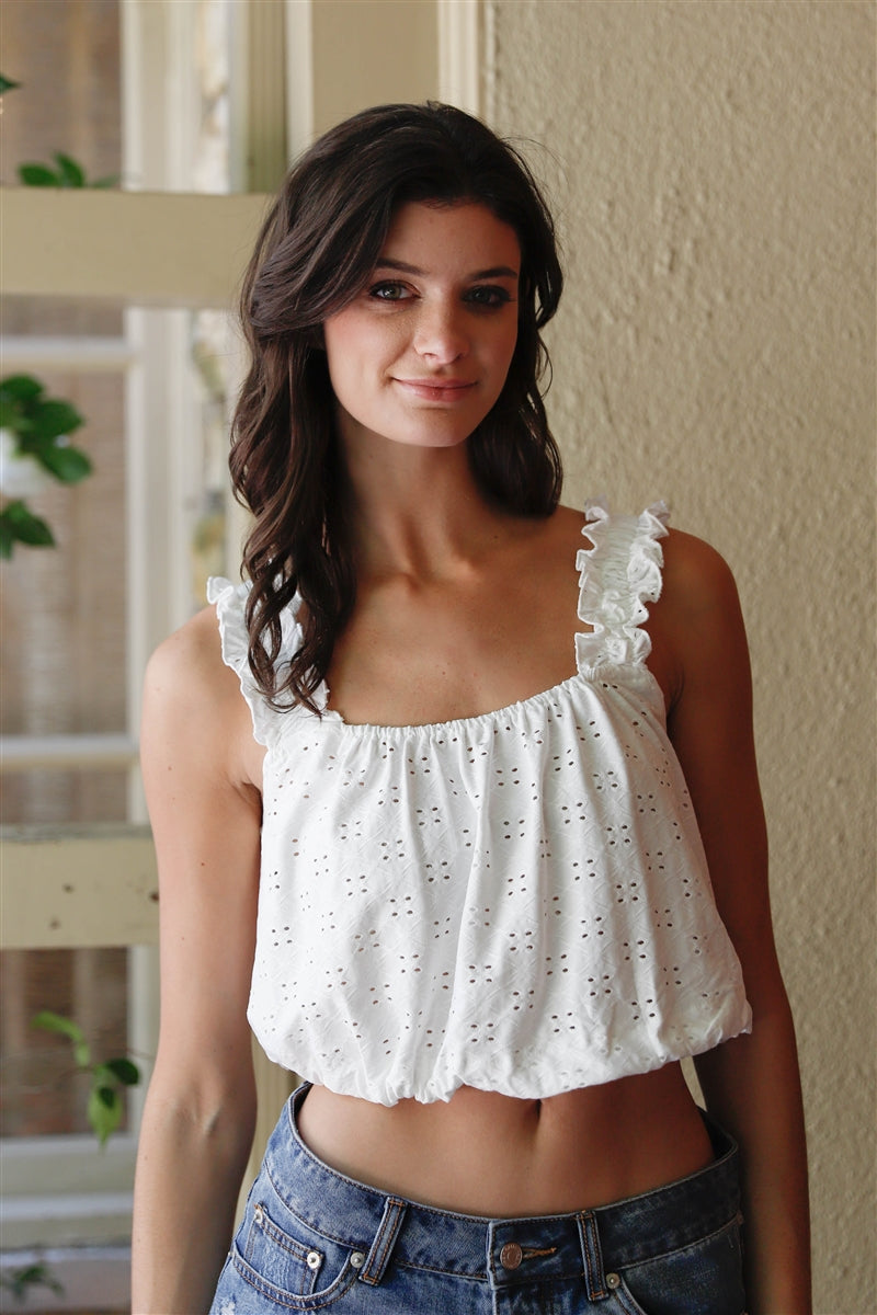 Embroidered Ruffle Trim Strap Sleeveless Crop Top in white with ruffle trim and adjustable drawstring hem, showcasing a stylish summer look.