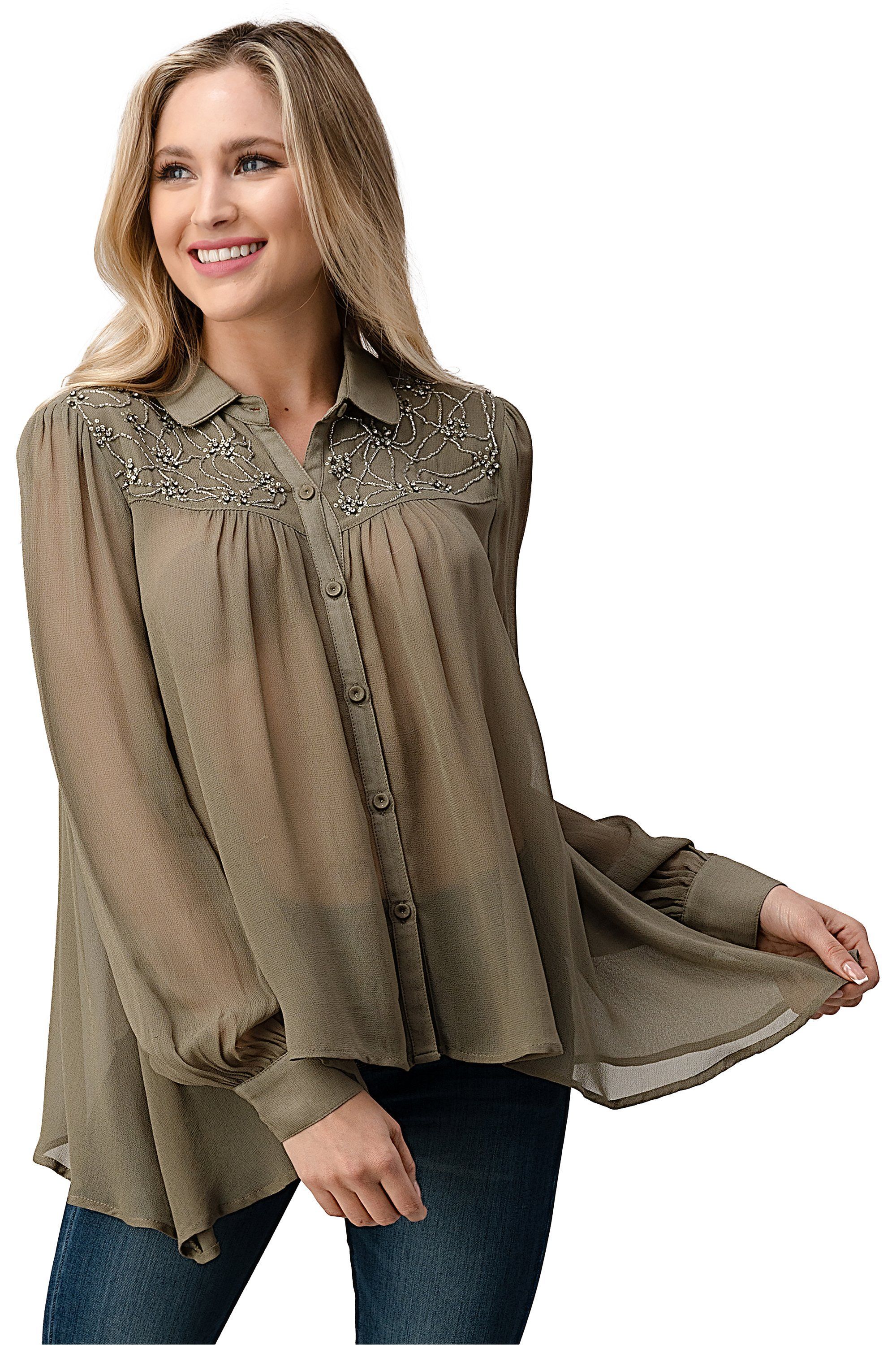 A stylish mesh blouse shirt top with beaded jewel trim, featuring a button front and high-low hem, perfect for elegant occasions.