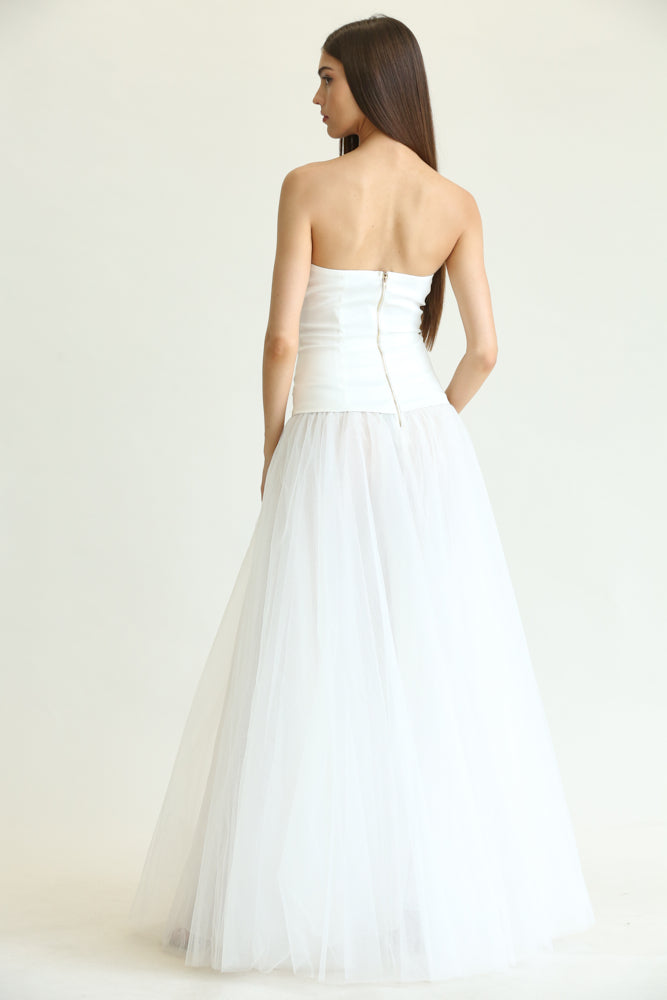 Emoni Suspender Dress featuring a satin corset bodice, D-ring hem, and multi-layered tulle skirt, perfect for elegant occasions.