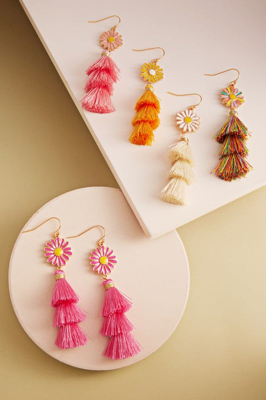 Elegant Enamel Flower Tassel Earrings with a 3-inch drop length, showcasing vibrant colors and intricate design.