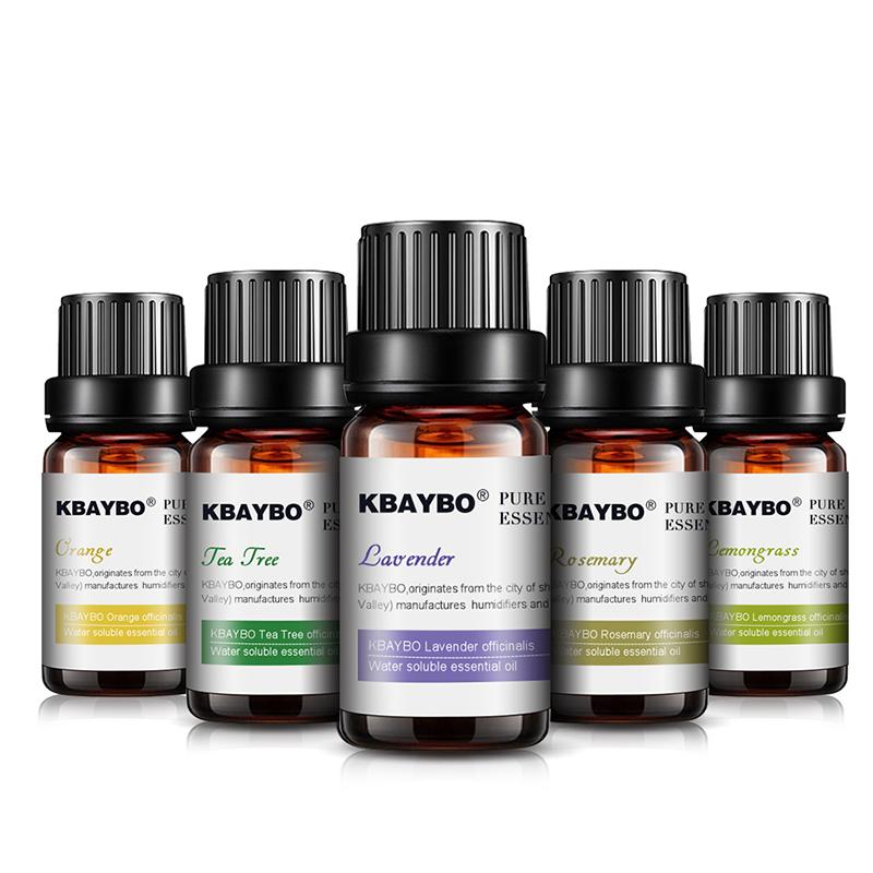 Aromatic essential oils for diffuser, featuring six bottles with different fragrances including lavender, tea tree, rosemary, lemongrass, orange, and mint.